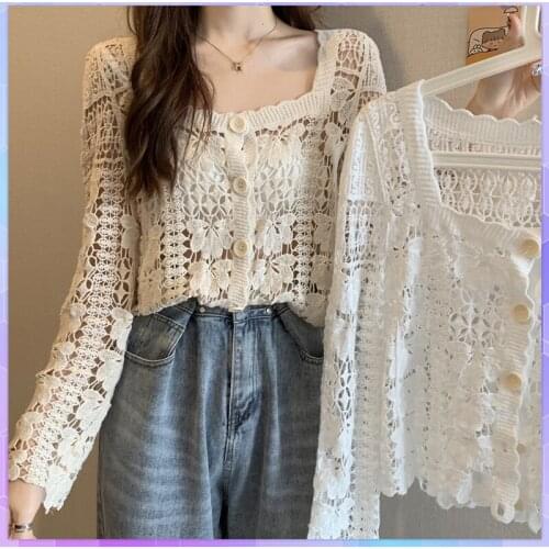 Sexy Floral Beach Cover Up Hollow Out Crop Top Women Square Collar Summer Pareo Long-Sleeved Lace Cardigan Bikini Cover Up