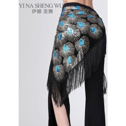 Belly Dance Costume New Design Style Belly Dance Peacock Hip Scarf Sequins Tassel Hip Scarf Triangle Practice Hip Scarf Clothing