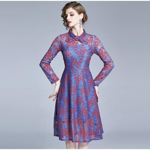 Queen Hook Flower Office Lace Elegant Dress Work Casual Slim Fashion Sexy Hollow Out Part Dresses Women A-line Vintage Vestido