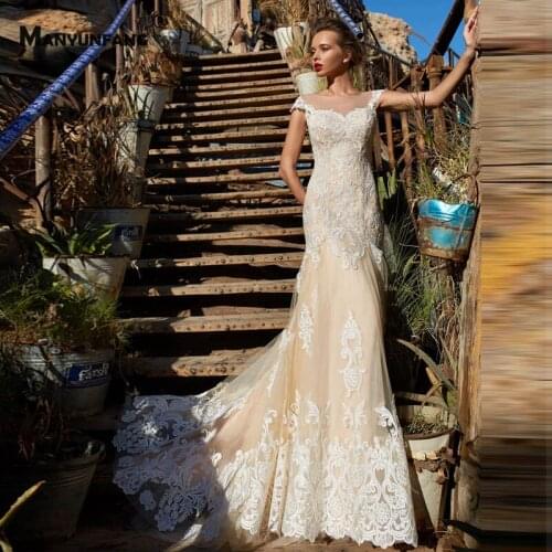 High-End Cap Sleeve Embroidery Appliques Tulle Chapel Train Mermaid Wedding Dress Luxury Button Back O-Neck Bridal Gown 2021