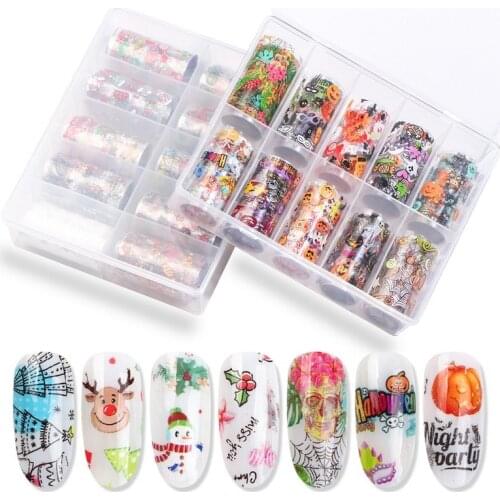 10 Rolls Halloween Christmas Nail Art Transfer Foil Sticker Wraps 4*100cm Mixed Styles Nail Decorations Manicure Accessories