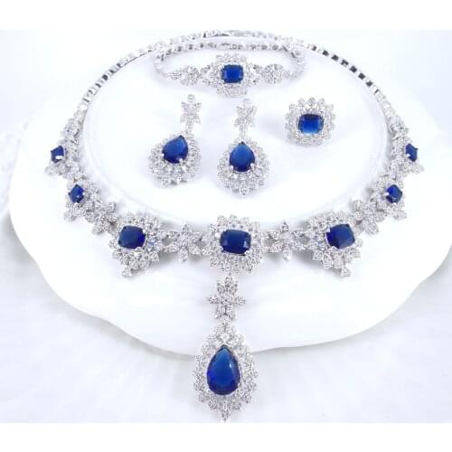 2021 NEW FASHION LUXURY BLUE CZ zircon necklace earring bracelet ring wedding bridal banquet dinner dressing party jewelry set