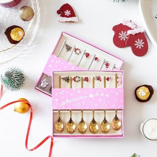6pcs Creative Gold Christmas Spoon Long Handle Coffee spoons Xmas Gift Silverware Stainless Steel Teaspoon Children Cutlery 5.3