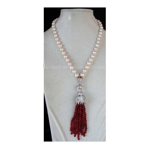 9-10mm white freshwater pearl and inlay CZ leopard clasp 4mm red agates necklace 18"