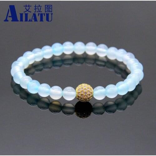 Ailatu Hot Sale 6mm A Grade Blue Onyx Stone Beads with 9mm Micro Paved CZ Ball Beaded Girls Party Gift Bracelet