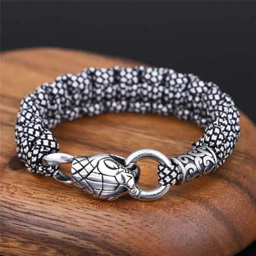 Punk Viking Women Snake Head Lanyard Bracelet Men With Norse Celtic Wolf Stainless Steel Accessories Paracord Rope Jewelry Homme