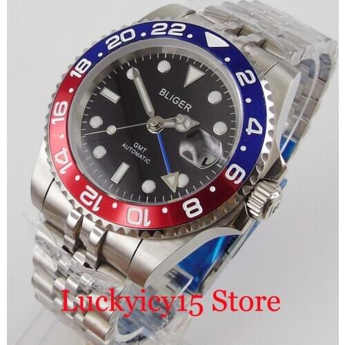 BLIGER Sapphire Glass Automatic Men Watch Sapphire Glass Jubilee Band GMT Indicator Stainless Steel Case