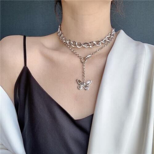 Punk Thick Silver Color Chain Double Necklaces 2020 Alloy Butterfly Pendant Necklace for Women Harajuku Hip Hop Street Collares