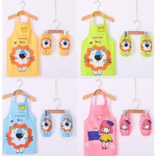 60%HOT3Pcs/Set Children Apron Cartoon Character Pattern Waterproof Breathable Kids Cooking Apron with Sleeves for DIY Learning