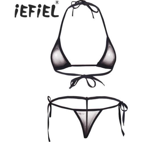 IEFiEL Women Sexy Lingerie Erotic Set Mesh Halter Bikini Top Bra with Tie Side G-string Sleepwear Bodysuit Lingerie Sexy Costume