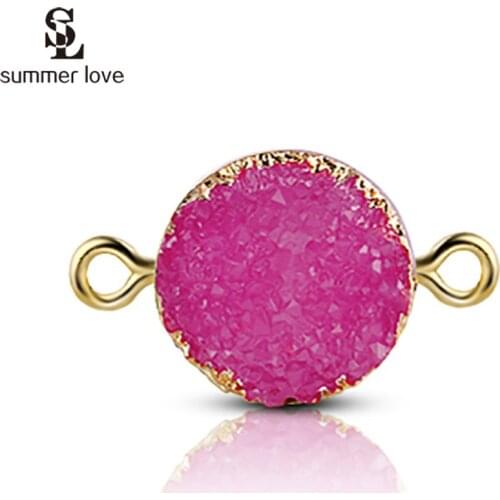 Wholesale 10pcs/lot Round Resin Druzy Connector Charms for Diy Jewelry Making 2021 Gold Color 2 Holes Stone Pendant Fit Necklace