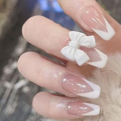 24Pcs/Set Bow Shaped Nail Extension Tip Detachable White Artificial Bowknot Coffin Wearable False Nails for Manicure Nail Tip