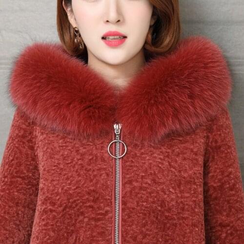 Natural coat, women winter jacket with hood, fox collar, sheepskin, wool, fur coats, Korean style, chaquetas
