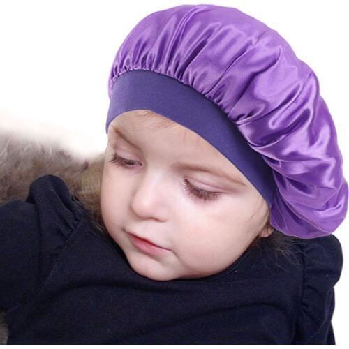 New kids Faux Silky Bonnet Cap Solid Color Turban Chemo Hat girls Wide Elastic Band Solid Night Sleep