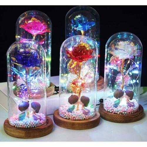 New LED Enchanted Galaxy Rose Eternal 24K Gold Foil Flower With Fairy String Lights In Dome For Christmas Valentines Day Gift