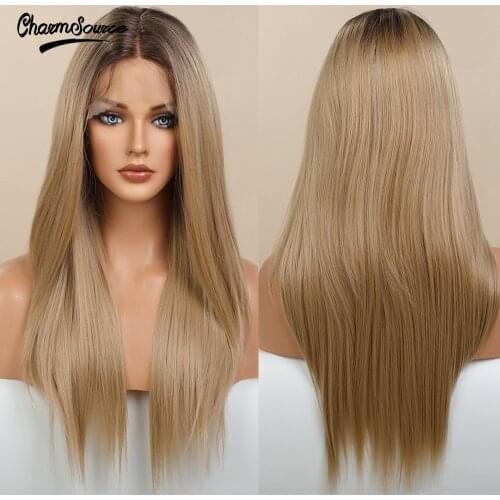 CharmSource Brown Ombre Blonde Lace Front Wigs Long Straight Hair Daily Party Wig for White Women Synthetic Heat Resistant