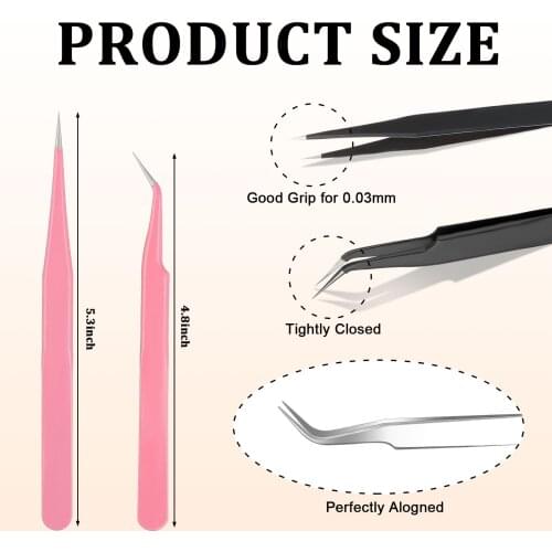 6 Pieces Eyelash Tweezers For Extensions, Straight And Curved Tip Stainless