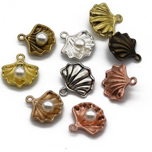 30pcs/lot 7 Colors Sea Shell Charms Pendant with Imitation Pearl Vintage Metal Shell Charm for Necklace DIY Jewelry Making