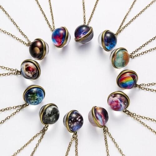 Universe Planet Glass Luminous Double-sided Retro Pendant Necklace Women Men Galaxy Nebula Cosmic Ball Pendant Jewelry Gift