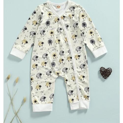 0-24M Newborn Baby Casual Romper Cartoon Sheep Long Sleeve Round Neck Jumpsuit Single-breasted Autumn Long Rompers for Boys Girl