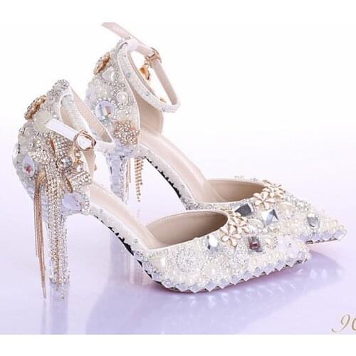Luxury Ladies Tassel Crystal Sandals Women‘s ’Wedding Shoes Banquet Dress High Heels Pointed Toe Thin Heels Pumps Ivory Pearl