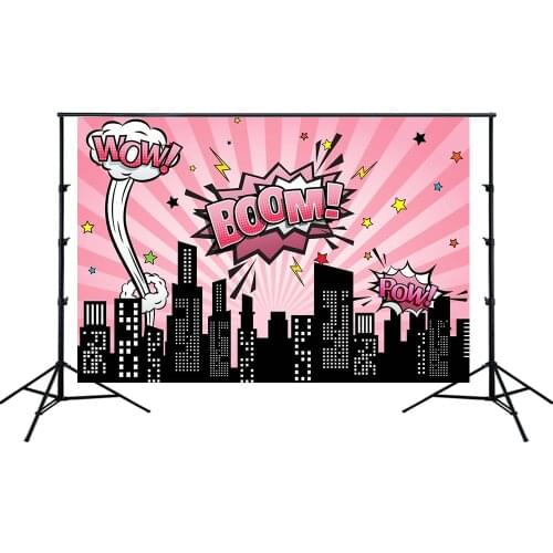 Pink Super Hero Themed Girl Birthday Party Banner City Pink Backdrop Boom Photo Background Cake Table Scene Setter Wall Poster