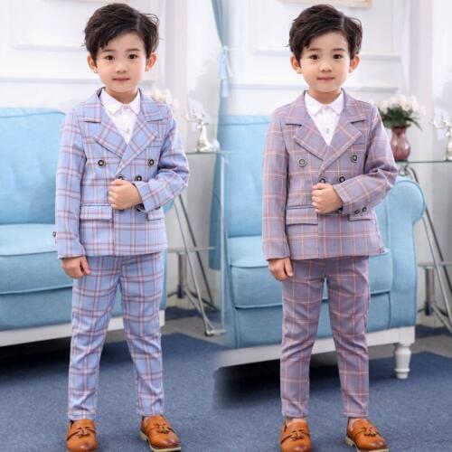 Formal Children Plaid Dress Suit Sets Flower Boys Wedding Party Host Costume Kids 2-breasted Blazer Pants 2pcs Clothes Sets