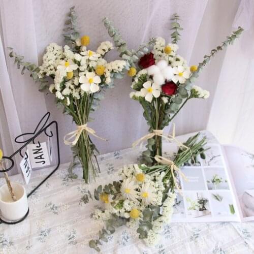 Flowers Weddding Bridal Bouquest Dried Natural Flowers Marriage Event Cotton Rose Golden Ball Eucalyptus Leaves Home Decoration