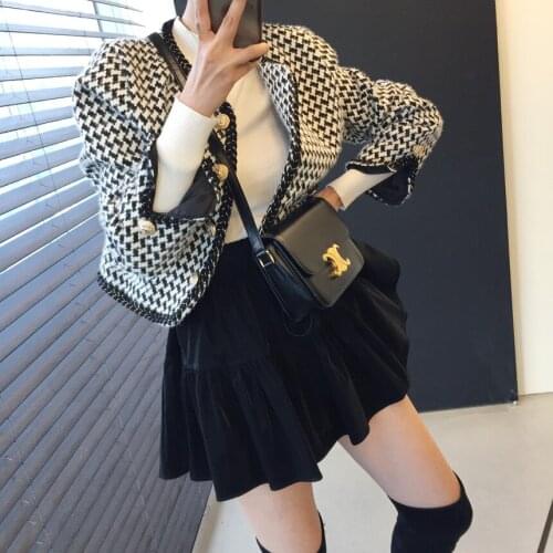 Houndstooth Cropped Jacket Long Sleeve Fall Jacket Women Plaid Winter Coat Corta Vento Feminina Harajuku Korean Tweed Chaquetas