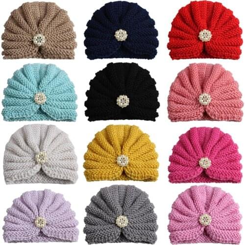 Knitted Winter Girl Hat Candy Color Hat Baby Cute with Drill Cap Turban Newborn Hood Indian Hat Fashion Childrens Accessories