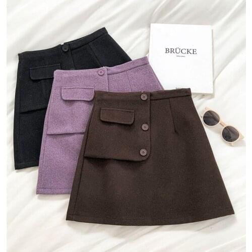 High Waist A Line Mini Skirt Sexy Pocket Autumn Winter Skirt With Button Anti-emptied Solid Femme Jupe Korean Fashion Clothing
