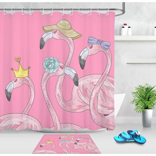 Pink Flamingo Shower Curtain Waterproof Polyester Fabric Bath Curtain For The Bathroom Home Accessories Non-slip Floor Mat