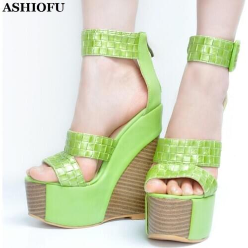 ASHIOFU Hot Design Handmade Womens Wadge Heel Sandals Euro-lish Shiny Party Prom Shoes Sexy Dating Evening Fashion Sandal Shoes