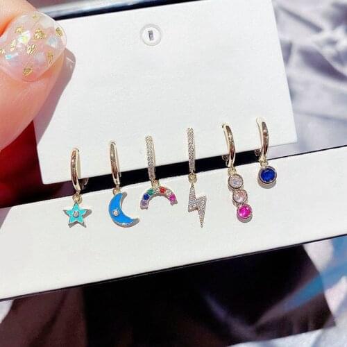 925 Strerling Silver Moon Star Hoop Earrings For Women Colored Zircon 6 Pieces Earrings Set Wholesale