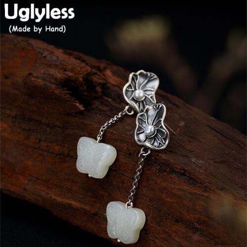Uglyless Real 925 Sterling Silver Natural White Jade Butterfly Dangle Earrings Women Cute Lotus Leaf Brincos Pearls Fine Jewelry