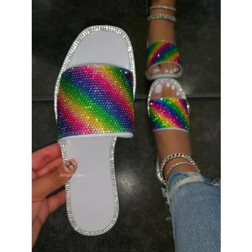 Ladies Slides Rhinestone Flat Slipper Fashion Sandals Bling Colorful Rainbow Design Shoes New Beach Sandal