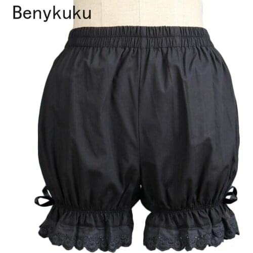 Womens Vintage Victorian Sweet Lolita Shorts Elastic Waist Cotton Bloomers With Lace Trim Girls White Black Bow Underpant