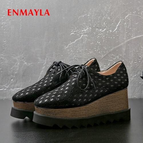 ENMAYLA 2020 Fashion Round Toe Kid Suede Womens Shoes Lace-Up High Heels Wedges Basic Casual Pumps Women Shoes Luxury 34-42