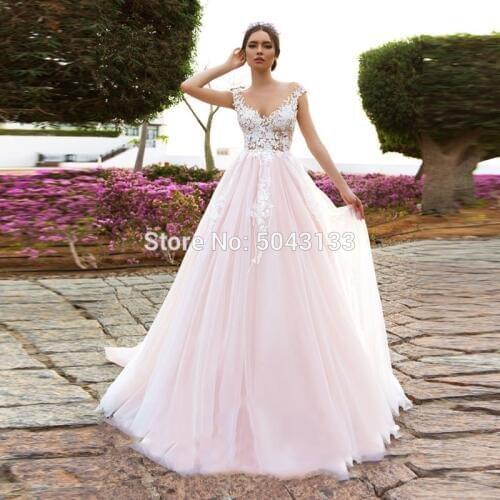 Tempting Pink Flowers Applique Wedding Dresses 2021 Scoop Neck A Line Nude Tulle Bridal Gowns Bohemian Floor Length Bride Dress