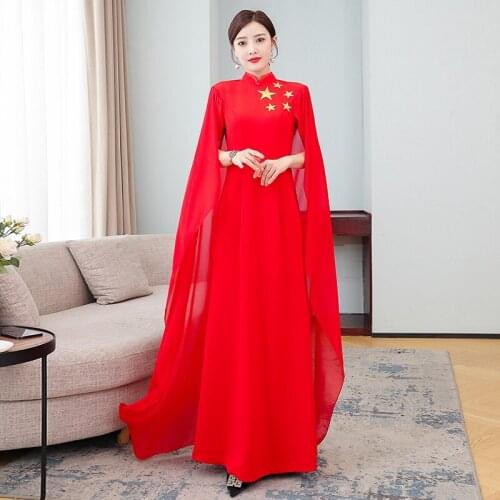 Chinese Red Dress Women 2021 Summer embroidered cheongsam performance dress long chorus Cloak sleeves dresses Size M-4XL