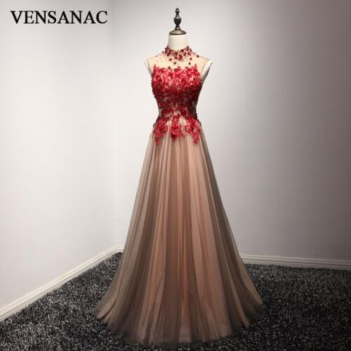 VENSANAC High Neck Luxury Crystal A Line Long Evening Dresses Party Lace Appliques Open Back Flowers Prom Gowns