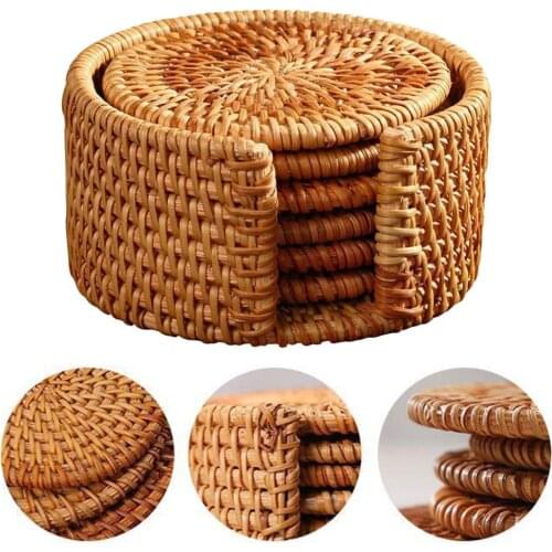 6PCS Rattan Placemats Natural Corn Straw Woven Dining Table Mats Heat Insulation Pot Holder Cup Coasters Kitchen Accessories