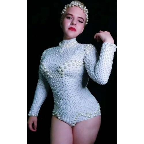 White Pearl Beading Bodysuit Jazz Dance Costumes Evening Stage Show Performance Costume Prom Birthday Bar Women Singer Clothes