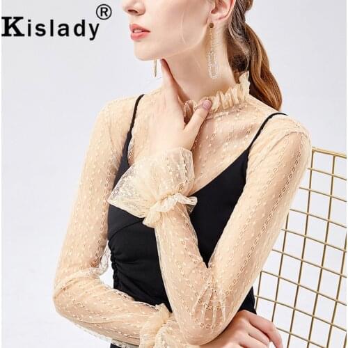 2020 Spring Summer Womens Sexy Lace Long Flare Sleeve Turtleneck Shirt OL Plus Size Gothic Blouse Korean Slim Fashion Clothes