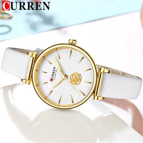 CURREN Women Watch Top Brand Luxury Female Waterproof Clock White Genuine Leather Bracelet Fashion Flower Ladies Wristwatch 9078