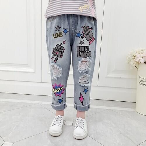 Girls Jeans Cartoon painted Hole Destruction Jeans Girls Pants Ripped Jeans 3 4 5 6 7 8 9 10 11 12 13 Years Childrens Clothing
