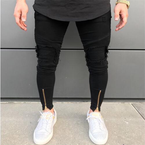Men High Street Ripped Holes Jeans Zip Skinny Strectch Biker Black Jeans Pleated Patchwork Hip Hop Jeans Mens Trousers
