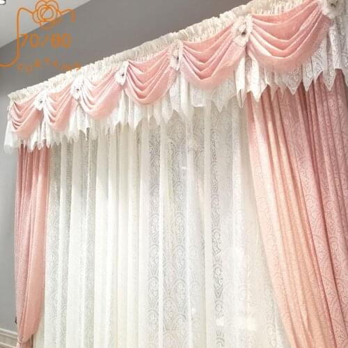 French Light Luxury Princess Style Pink White Screen Curtain Window Screen Curtains for Living Room Bedroom Custom Finished