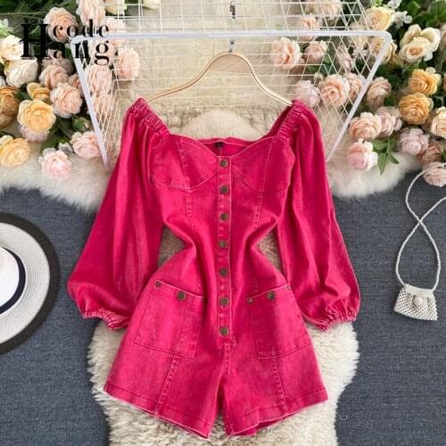 HangCode Ins Fashion Single-breasted Pockets Design Jumpsuits Autumn Long Sleeve Denim Short Overalls Elegant Women Clothing