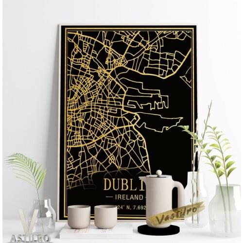 Ireland Dublin Dark Background City Map Line Drawing Creative Poster Housewarming Gift Idea Modern Minimalist Study Room Decor